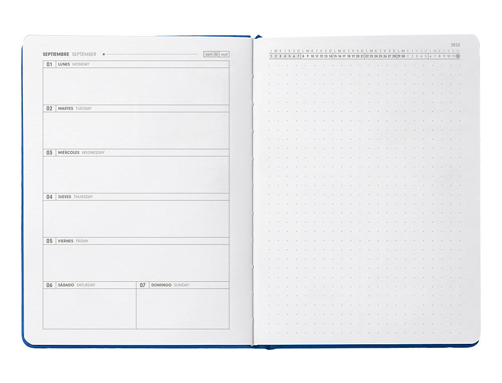 Agenda escolar antartik 25-26 encuadernada go! simil piel azul oscuro semana vista a5 bilingüe papel fsc 80 gr