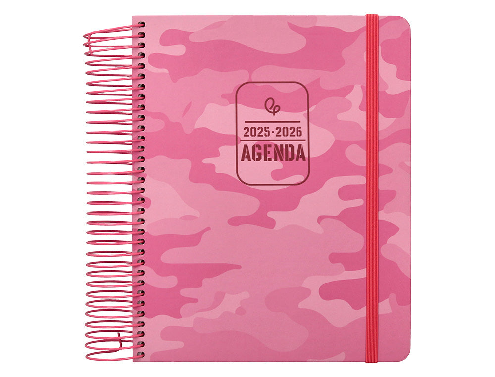 Agenda escolar liderpapel 25-26 espiral patterns militar rosa dia pagina a5 bilingüe papel fsc 80 gr