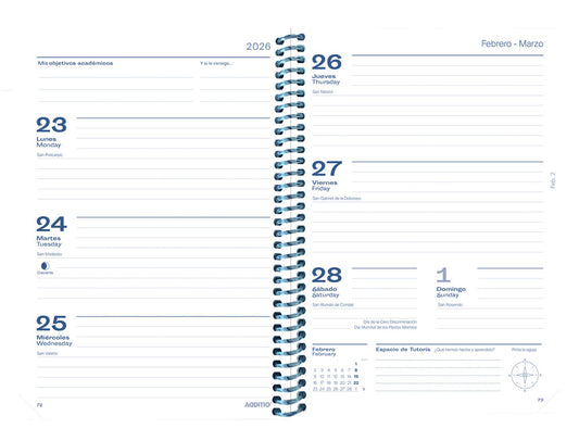Agenda meridian additio semana vista curso escolar comunicacion familia/centro secundaria a5 colores surtidos