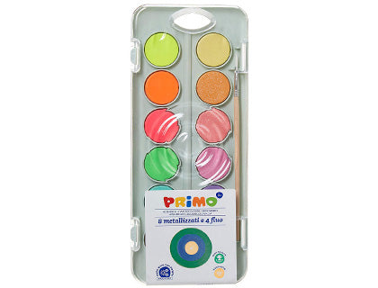 Acuarela primo 8 colores metal + 4 colores neon con pincel y paleta de mezcla estuche de plastico