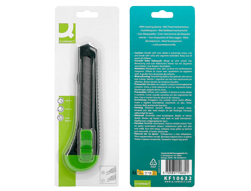 Cuter q-connect plastico ancho con asa para colgar cuchilla 18 mm xd-43 blister 1 unidad