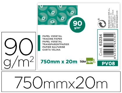 Papel dibujo liderpapel 750mmx20m 90g/m2 vegetal rollo