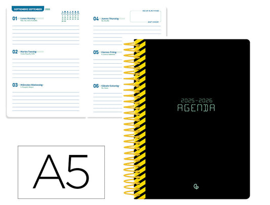 Agenda escolar liderpapel 25-26 espiral classic negro semana vista a5 bilingüe papel fsc 70 gr