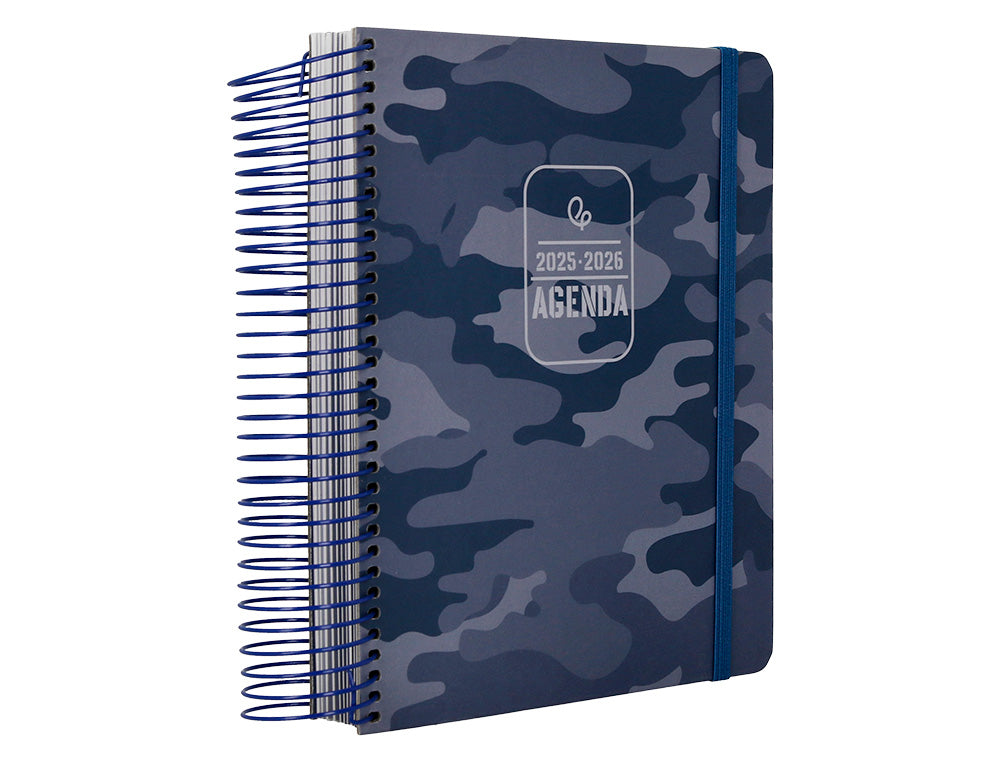 Agenda escolar liderpapel 25-26 espiral patterns militar gris dia pagina a5 bilingüe papel fsc 80 gr