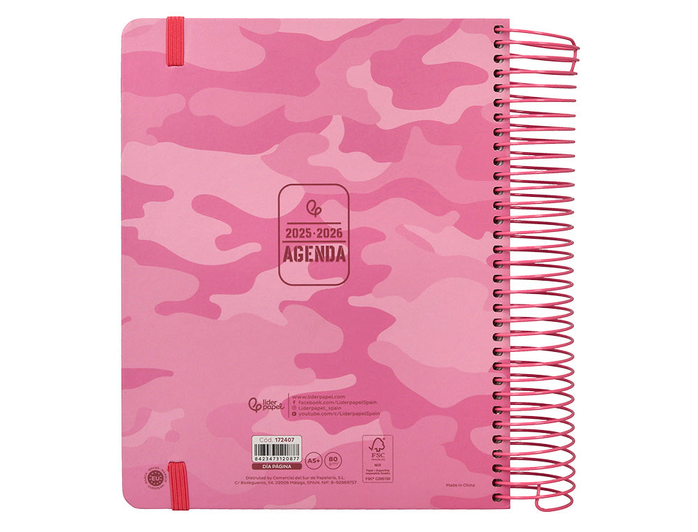 Agenda escolar liderpapel 25-26 espiral patterns militar rosa dia pagina a5 bilingüe papel fsc 80 gr