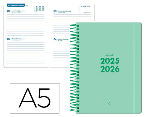 Agenda escolar liderpapel 25-26 espiral basic verde menta 2 dias pagina a5 bilingüe papel fsc 70 gr