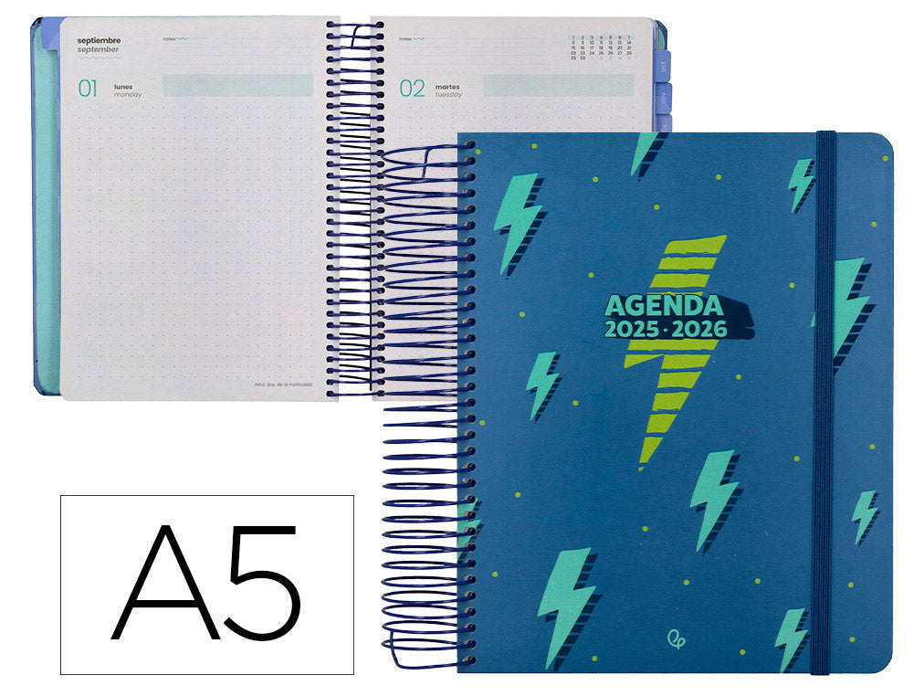 Agenda escolar liderpapel 25-26 espiral patterns rayos azul dia pagina a5 bilingüe papel fsc 80 gr