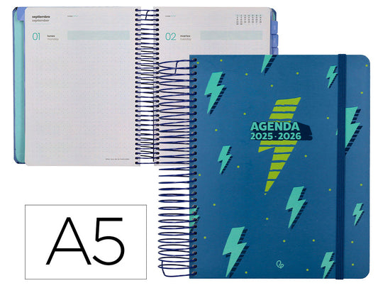 Agenda escolar liderpapel 25-26 espiral patterns rayos azul dia pagina a5 bilingüe papel fsc 80 gr
