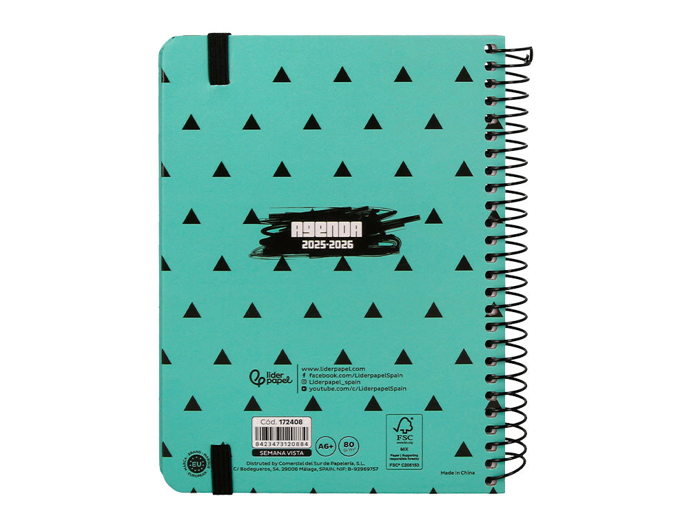 Agenda escolar liderpapel 25-26 espiral patterns triangulos semana vista a6 bilingüe papel fsc 80 gr