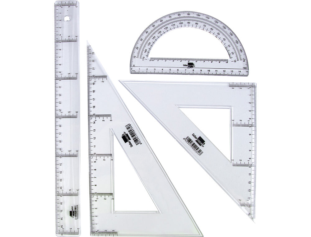Juego escuadra y cartabon 25cm regla 30cm y semicirculo 15cm liderpapel en petaca incolora