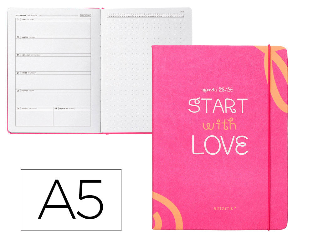 Agenda escolar antartik 25-26 encuadernada go! simil piel fucsia semana vista a5 bilingüe papel fsc 80 gr