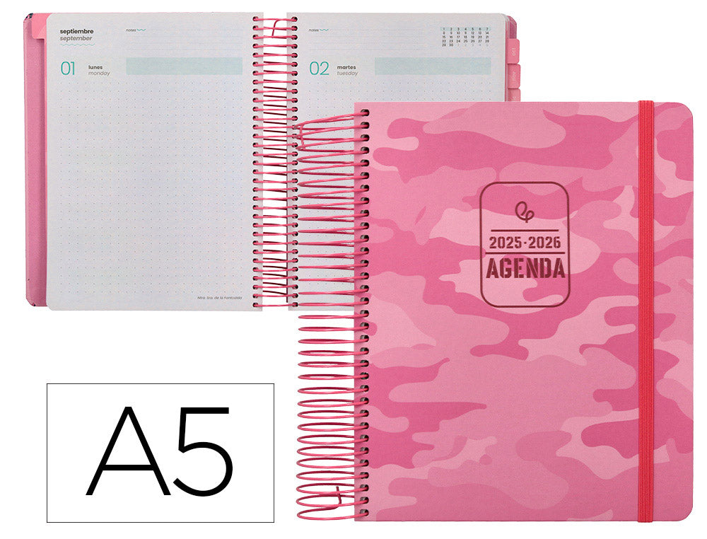 Agenda escolar liderpapel 25-26 espiral patterns militar rosa dia pagina a5 bilingüe papel fsc 80 gr