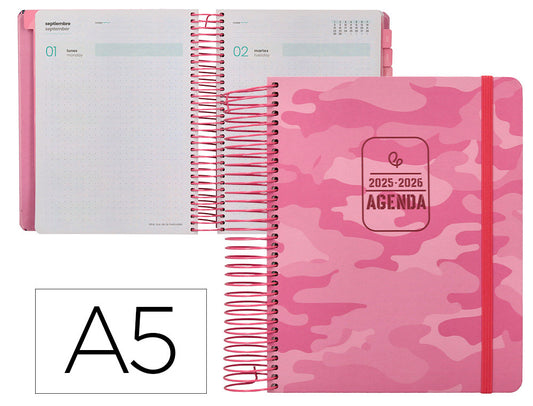 Agenda escolar liderpapel 25-26 espiral patterns militar rosa dia pagina a5 bilingüe papel fsc 80 gr