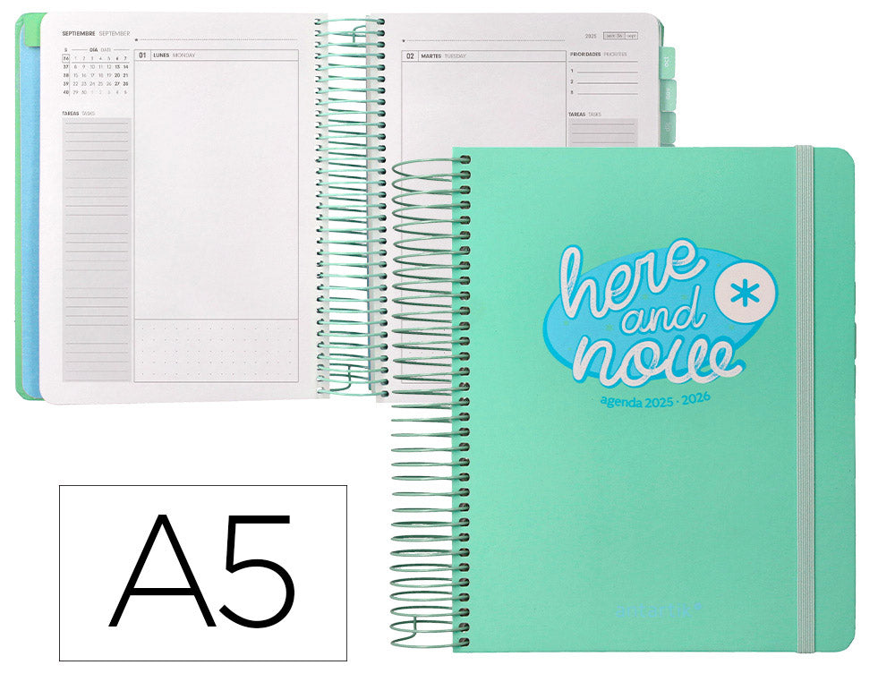 Agenda escolar antartik 25-26 espiral here and now azul pagina a5 bilingüe papel fsc 80 gr 80 gr