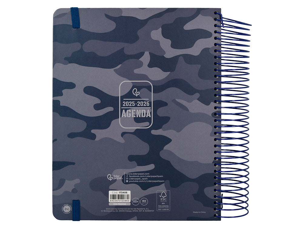 Agenda escolar liderpapel 25-26 espiral patterns militar gris dia pagina a5 bilingüe papel fsc 80 gr