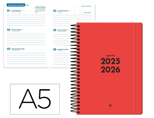 Agenda escolar liderpapel 25-26 espiral basic rojo semana vista a5 bilingüe papel fsc 70 gr