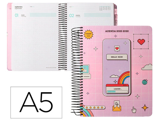 Agenda escolar liderpapel 25-26 espiral pixel rosa dia pagina a5 bilingüe papel fsc 80 gr