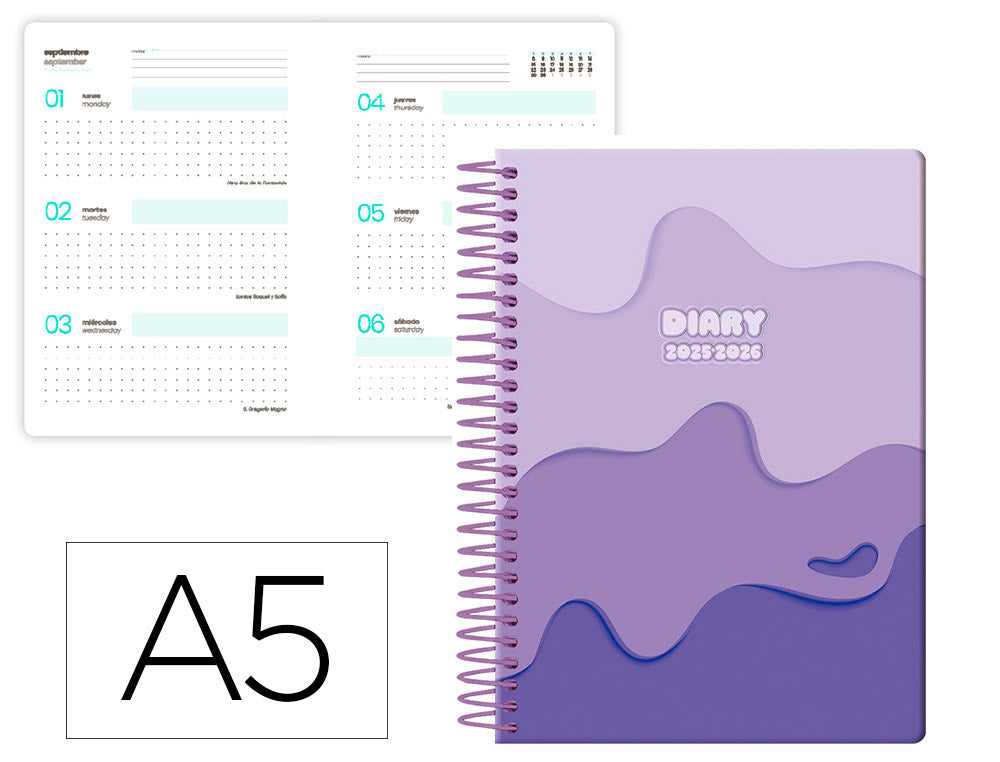 Agenda escolar liderpapel 25-26 espiral melting semana vista a5 bilingüe papel fsc 80 gr