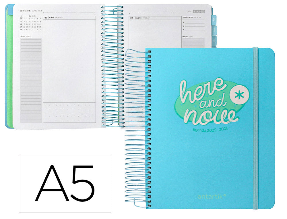 Agenda escolar antartik 25-26 espiral here and now azul pagina a5 bilingüe papel fsc 80 gr 80 gr