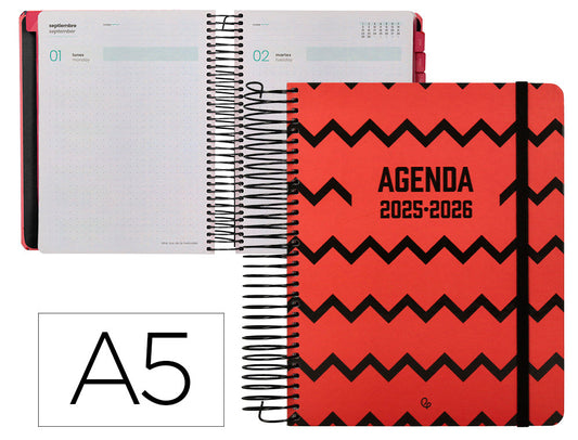 Agenda escolar liderpapel 25-26 espiral patterns zigzag dia pagina a5 bilingüe papel fsc