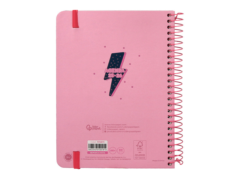 Agenda escolar liderpapel 25-26 espiral patterns rayos rosa semana vista a6 bilingüe papel fsc 80 gr