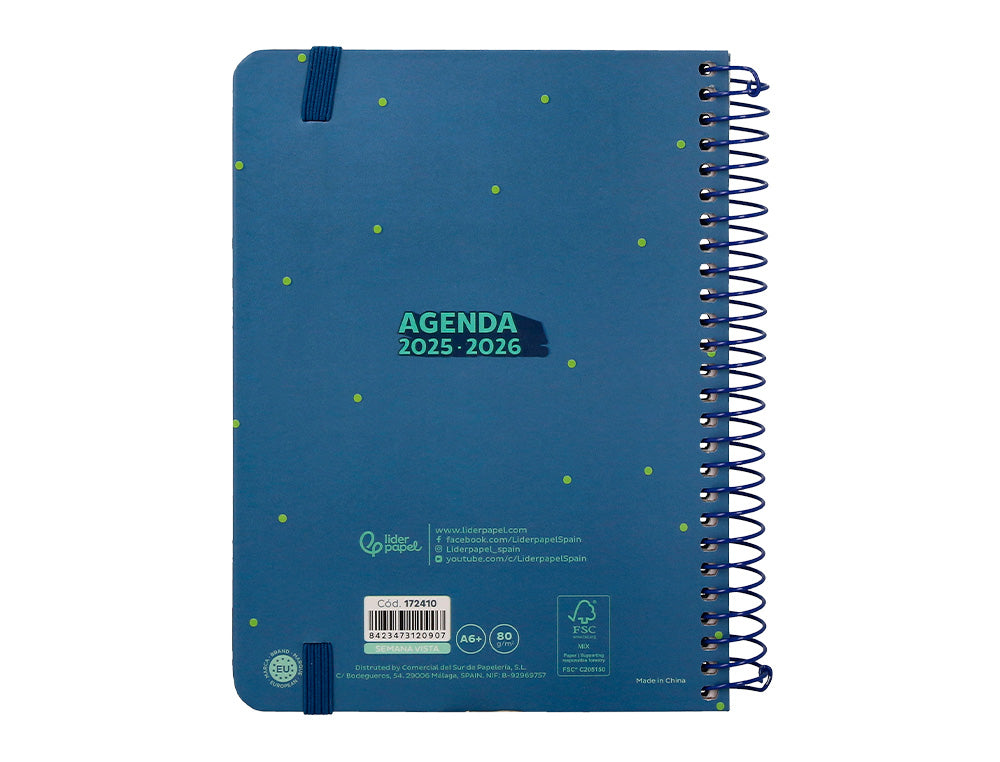 Agenda escolar liderpapel 25-26 espiral patterns rayos azul semana vista a6 bilingüe papel fsc 80 gr