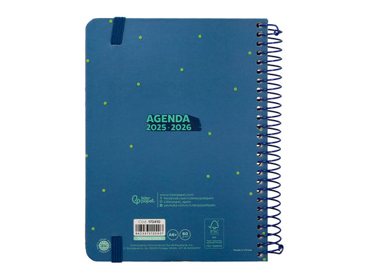 Agenda escolar liderpapel 25-26 espiral patterns rayos azul semana vista a6 bilingüe papel fsc 80 gr