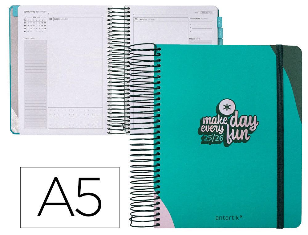 Agenda escolar antartik 25-26 espiral fun day fucsia dia pagina a5 bilingüe papel fsc 80 gr
