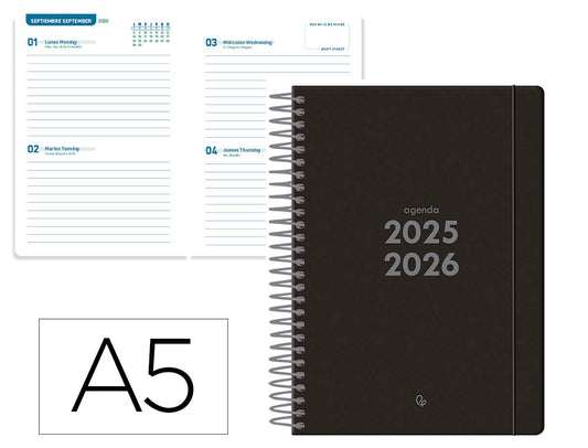 Agenda escolar liderpapel 25-26 espiral basic negro 2 dias pagina a5 bilingüe papel fsc 70 gr