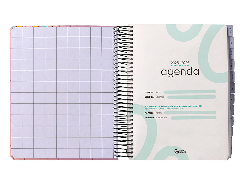 Agenda escolar liderpapel 25-26 espiral pixel morado dia pagina a5 bilingüe papel fsc 80 gr