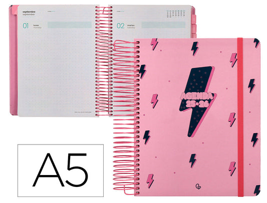 Agenda escolar liderpapel 25-26 espiral patterns rayos rosa dia pagina a5 bilingüe papel fsc 80 gr