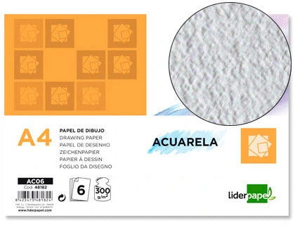 Papel dibujo liderpapel 210x297mm 300g/m2 acuarela pack de 6 hojas
