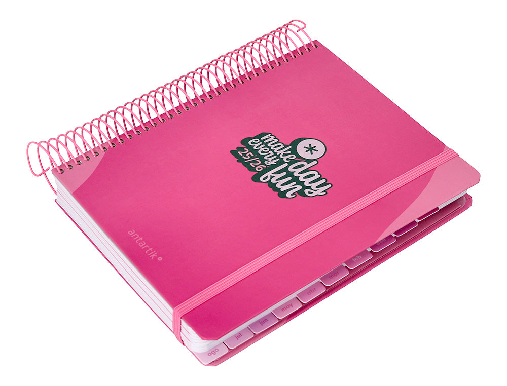 Agenda escolar antartik 25-26 espiral fun day fucsia dia pagina a5 bilingüe papel fsc 80 gr